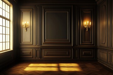 A grand, dark paneled room with ornate details and warm sunlight.