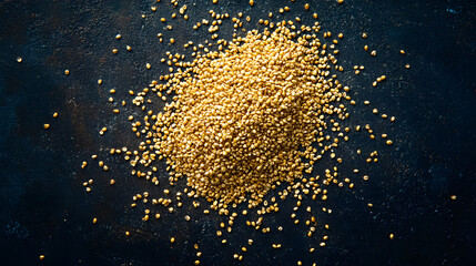 A loose assortment of Einkorn grains, shimmering golden on a smooth, dark background.