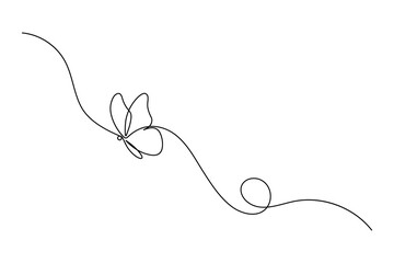 Continuous one line drawing of butterfly, single line art, linear style, editable stroke, isolated on a white background