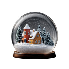 A charming snow globe featuring a cozy house, tall pine trees, and falling snow, set on a wooden base, evokes festive winter nostalgia.
