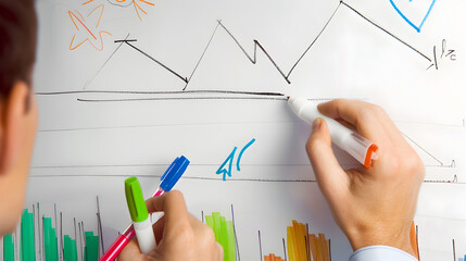 Person drawing a graph on a whiteboard with colorful markers and diagrams in an office setting