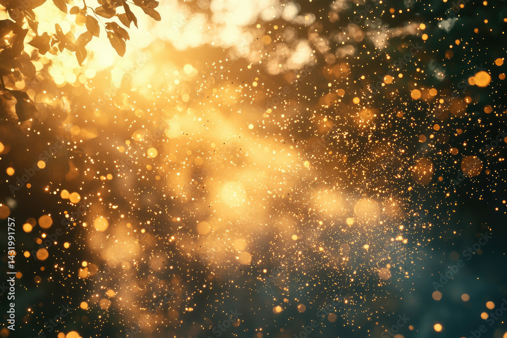 Poster golden bokeh lights and sun rays shining through leaves, creating a magical, dreamy atmosphere.