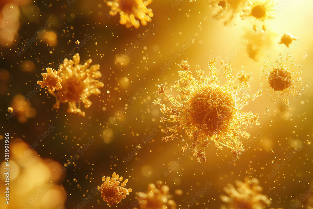 Poster microscopic view of numerous golden viruses or cells suspended in a glowing amber fluid.