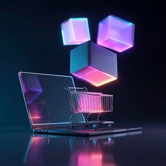 Modern digital shopping experience with floating neon cube graphics