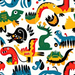 Whimsical Dinosaur Pattern: Colorful Prehistoric Creatures in a Playful Design