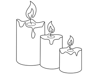 Candles. Three burning candles - vector linear illustration for coloring book or logo. Outline.	