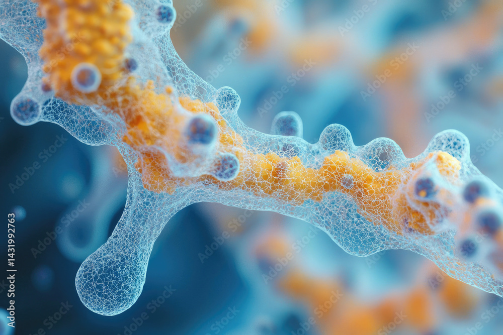 Poster Microscopic view of a complex biological structure, showcasing intricate network and cellular components.