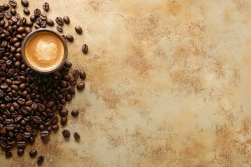 Flat lay photo of coffee cup and coffee beans, pastel brown background, empty space for text. 