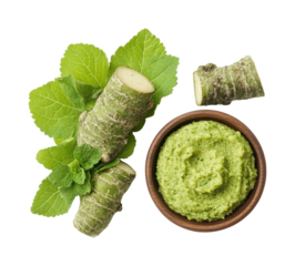 Making fresh wasabi paste at home kitchen food preparation isolated on transparent background