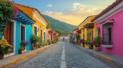 Fototapeta premium Vibrant Colonial Street in Colorful Town, Sunset Hues