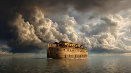 Noah’s Ark floating on floodwaters, surrounded by storm clouds.