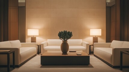 Luxurious hotel lobby lounge with sofas, low light