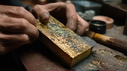 Goldsmith meticulously shaping gold ingot