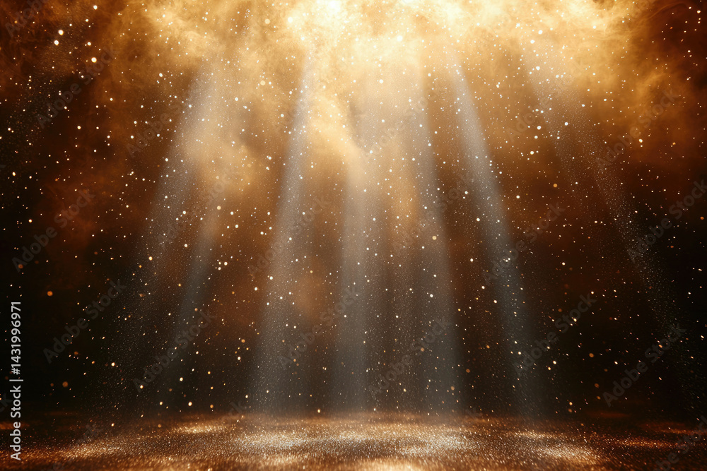 Poster golden rays illuminate a dark, glittering space, creating a magical and atmospheric scene.