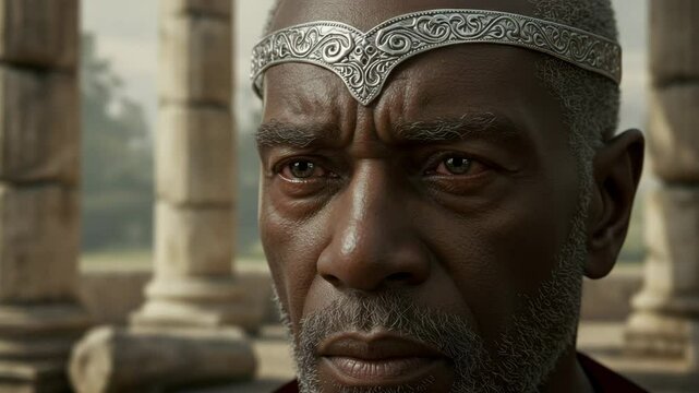Elderly dark-skinned king with silver circlet, thoughtful and melancholy, against ancient ruins background
