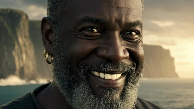 Mature dark-skinned pirate man with confident smirk by sea cliffs at sunset
