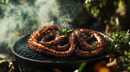 Grilled Octopus on Smoking Grill, Close-up View