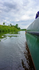 Landscape lake in the summer. Reflection of trees and sky in the water body
