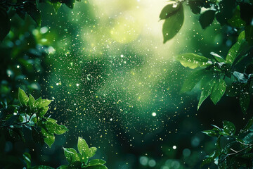 Enchanted forest scene with sunlit leaves and magical dust particles.