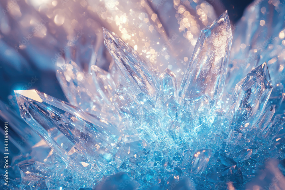 Poster a mesmerizing cluster of blue ice crystals, sparkling and reflecting light, showcasing intricate fac