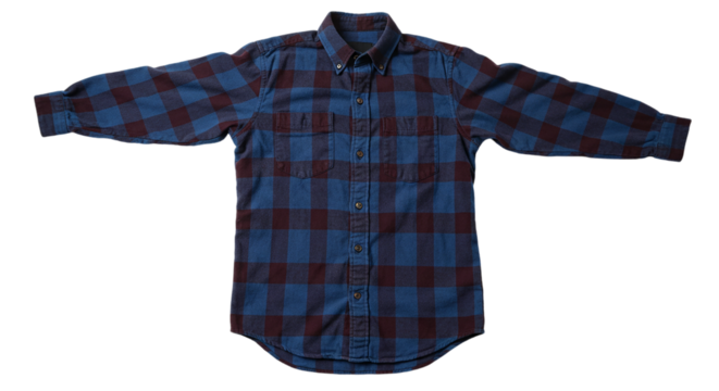 A blue and maroon plaid long sleeved shirt with two breast pockets laid flat on a black background