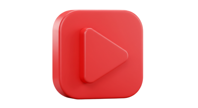 A red square with rounded corners and a play button in the middle on a black isolated background