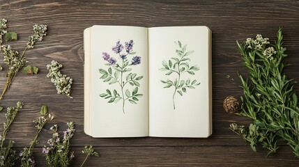 Delicate botanical journal spread nature walk art content rustic environment top-down view nature inspiration