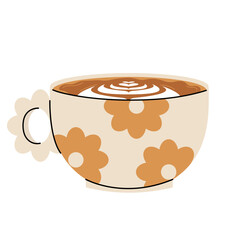 Cute Coffee Cup with Latte Art. Collection of coffee drinks with variety latte art heart, leaf, bear, cat, Flower. Cafe Bar or Coffee House Graphics. Vector Illustration, Icons. Isolated