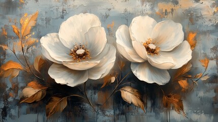 Two delicate white flowers with golden accents against a textured, blue background