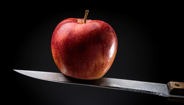 Red apple balancing on knife edge against dark background