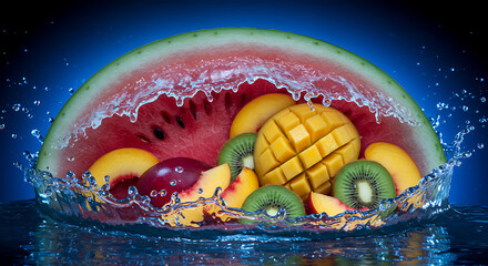 Frutas de verano de fondo azul fresco, sandías con hielo delgado, kiwi, mango y melocotón.