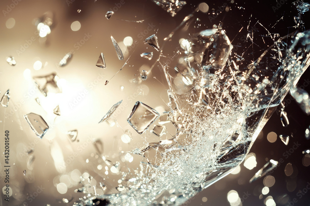 Poster shattered glass fragments explode outwards in a dramatic burst against a bokeh background.