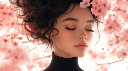 Fototapeta premium Serene beauty surrounded by cherry blossoms. A young woman with dark curly hair and closed eyes, evokes tranquility and peace.