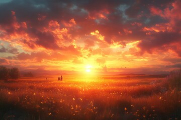 Fototapeta premium Golden Sunset Over a Serene Landscape with Silhouetted Figures and Vibrant Clouds