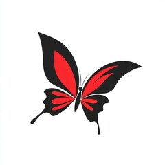 Black and red logo, very simple minimalist butterfly in flight, clean sharp lines, modern vector icon, white background. 