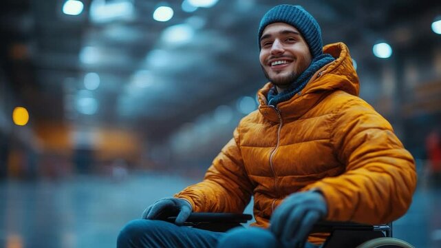 Smiling Man in Wheelchair: A young man with a warm smile sits in his wheelchair, bundled up in a stylish orange puffer jacket and a blue beanie.  He exudes positivity and independence.