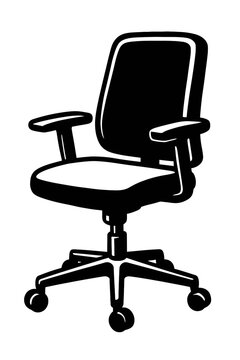 recommend clip art: Vector illustration of an office chair with armrests and wheels in black and white. Represents workplace furniture and comfortable seating.