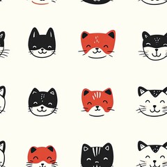 Obraz premium Adorable Cartoon Cats Seamless Pattern: Red and Black Kitty Faces on White Background for Kids Fabric, Wallpaper, or Textile Design