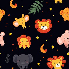 Adorable Jungle Animals Seamless Pattern: Cute Cartoon Lions, Elephants, and More for Kids Fabric