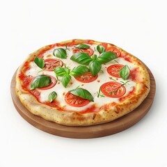 Delicious margherita pizza on a wooden board.