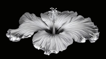 A detailed grayscale photograph of a hibiscus flower against a black background, showcasing its intricate details