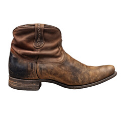 This image shows a single rugged brown leather cowboy boot with a worn texture and a low heel, designed for durability and traditional Western-style fashion.