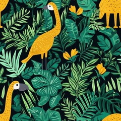 Naklejka premium Vibrant Tropical Bird Paradise: A Seamless Pattern of Exotic Birds and Lush Foliage