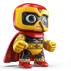 A stylized, cartoonish superhero figurine in a bold color scheme.
