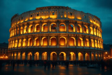 Naklejka premium Illuminated ancient structure at dusk showcasing historical architecture with warm lighting an
