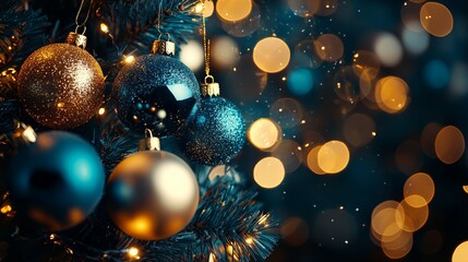 Festive Dark Blue and Gold Particle Background with Radiant Christmas Bokeh, Shimmering Gold Foil Texture, Holiday Elegance