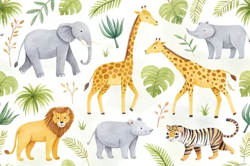 Watercolor jungle animals illustration elephant giraffe lion tiger rhino tropical leaves for kids room decor
