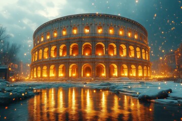 Naklejka premium Illuminated ancient structure glowing warmly against a snowy starry night sky