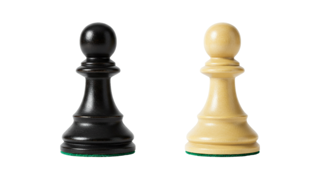 A close up studio shot of two chess pawns one black and one white on a black background isolated shot photography transparent background