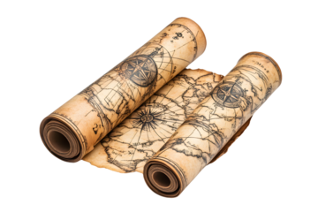 Rolled Antique Map with Compass Rose Vintage Travel Exploration Theme